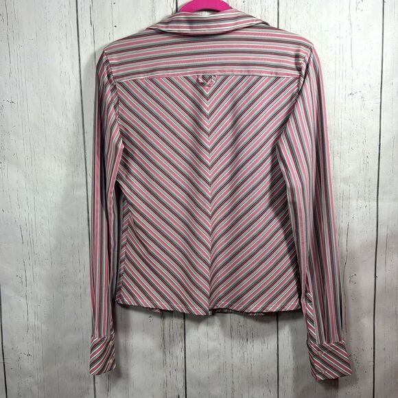 Express Pink Black White Striped Button Down Shirt Stretch Career Y2K Preppy - Picture 10 of 13